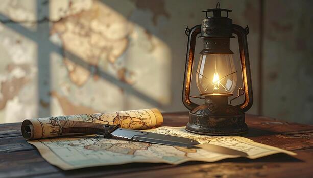 Antique Lantern Map and Knife Exploration and Adventure Concept. photo