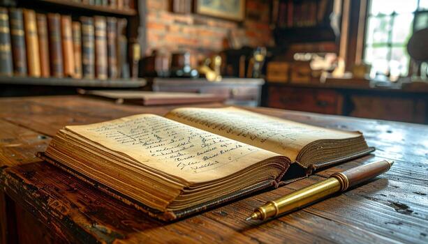 Antique Journal and Pen on Wooden Table in Library Setting. photo