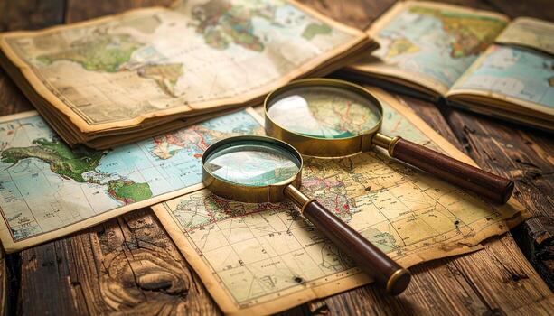 Antique World Maps with Magnifying Glasses on Rustic Wood Table. photo