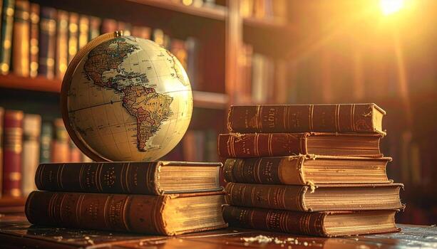Antique Globe and Books Illuminated by Warm Sunlight in Library. photo