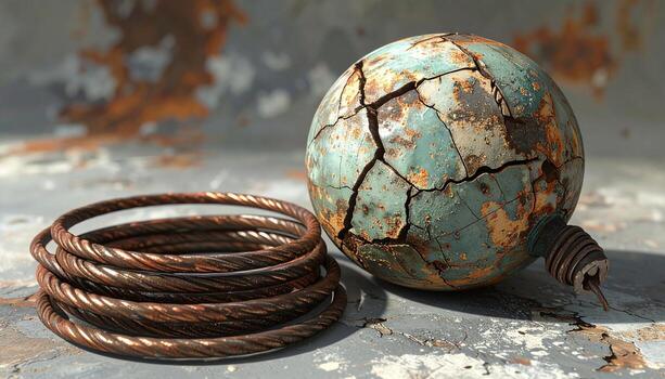 Cracked Orb and Twisted Copper Abstract Composition of Decay and Texture. photo