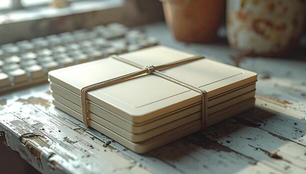 Stack of Blank Cards Tied with String on Distressed White Wooden Table. photo