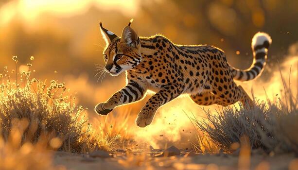 Graceful Serval Leap Golden Hour Hunt in African Savannah Dynamic Action. photo