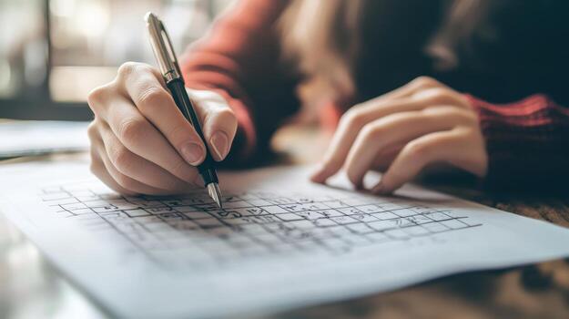 Person engaged in solving a grid puzzle. photo