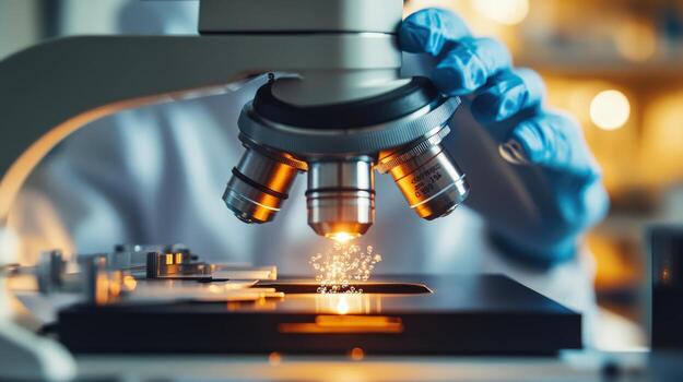 Close-up of a microscope in use. photo