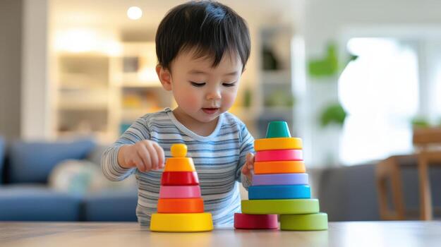 Child plays with colorful stacking rings. photo