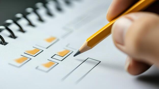 Hand holding a pencil marking a box on a spiral-bound notepad. photo