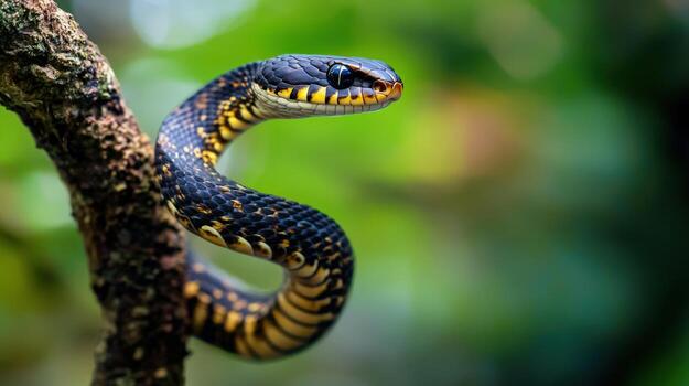 Close-up of a snake with black and yellow markings on a tree branch. photo