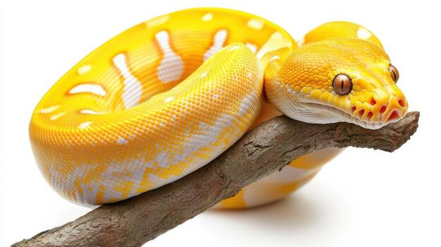 de cerca de un amarillo serpiente descansando en un rama. foto