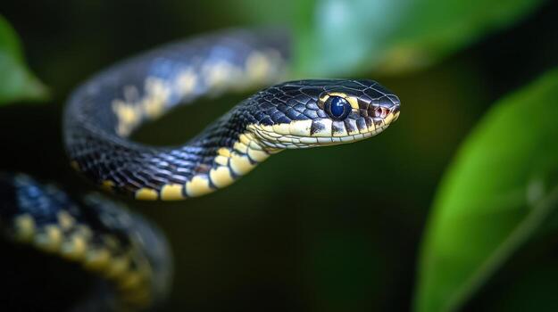Close-up of a snake with black and yellow scales. photo
