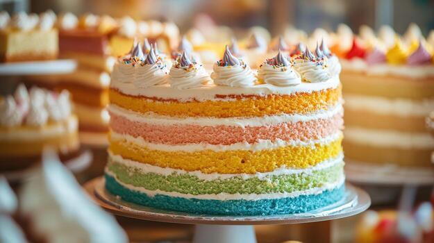 Multi-layered cake with vibrant colors and frosting. photo