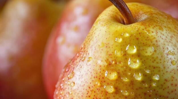 Close-up view of a pear covered in water droplets. q photo