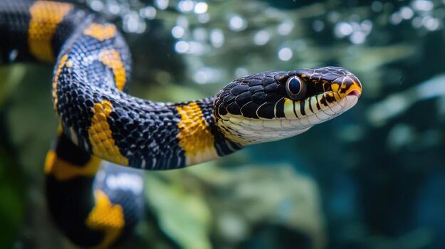 de cerca de un estampado serpiente en un acuario. foto