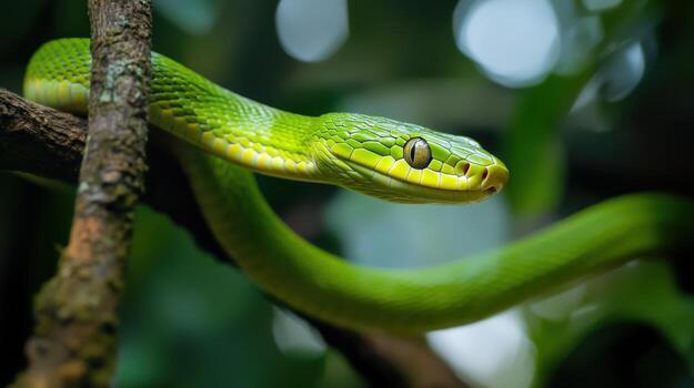 Close-up of a vibrant green snake on a branch. photo