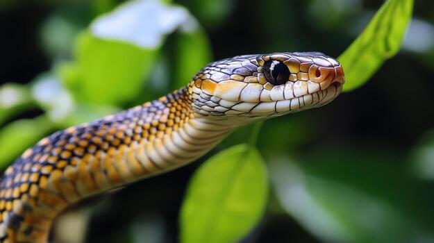 Close-up of a snake with intricate patterns. photo