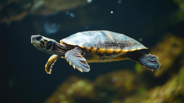 Close-up of a turtle swimming underwater. photo