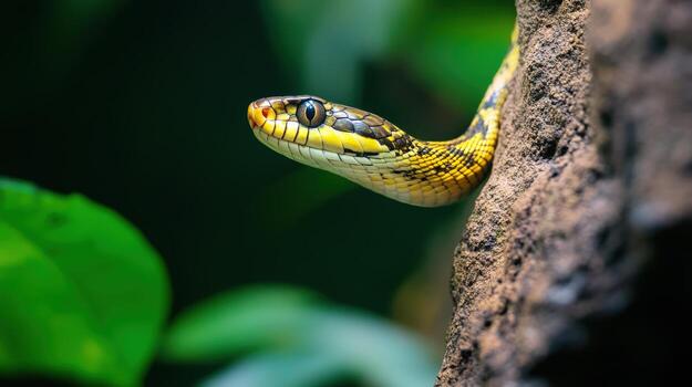 Close-up view of a snake against a textured rock. photo