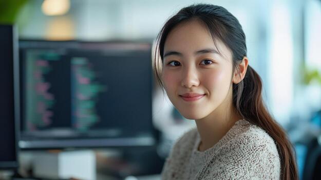 joven mujer sonriente a el cámara en un moderno oficina ajuste. foto