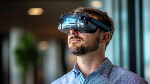 Person wearing virtual reality headset, looking at a digital image. photo