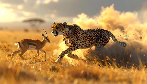 Cheetahs Intense Chase Dust and Determination in Golden Savannah Light. photo