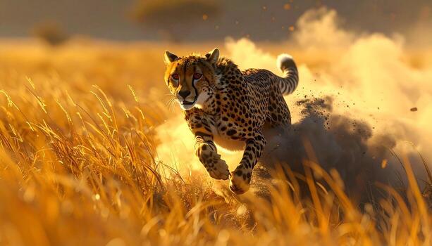 Cheetah in Dynamic Motion Golden Hour Running Through Dust and Grass. photo