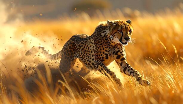 Cheetahs Golden Sprint Dust and Speed in the Savannahs Light. photo