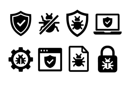 antivirus y computadora seguridad icono colocar. negro símbolos de virus proteccion vector