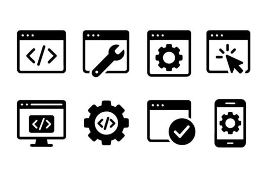 Web development and coding icon set. black symbols of website programming and maintenance vector