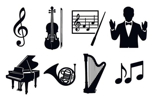 Classical music and orchestra icon set. black symbols of symphonic instruments vector