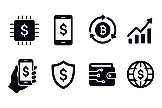 criptomoneda y blockchain icono colocar. negro digital Finanzas símbolos de bitcoin, billetera, móvil pago, y global transacción ilustraciones vector