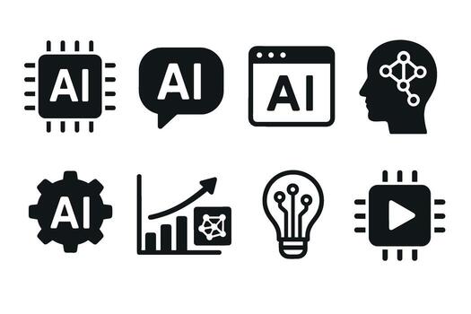 Artificial Intelligence Icon Set I. black symbols of AI, chip, robot, and neural technology glyph illustrations vector
