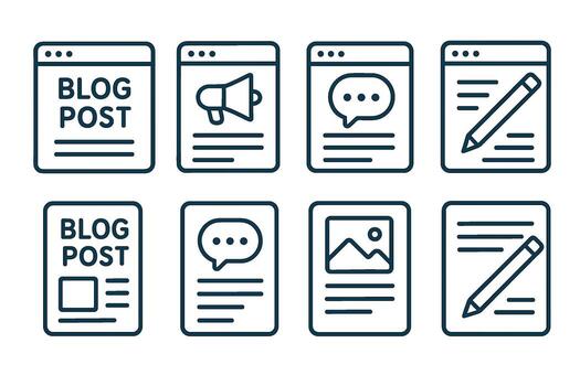 Blog enviar y contenido creación icono colocar. línea Arte símbolos de en línea escritura vector