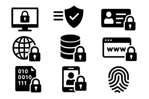 la seguridad cibernética y datos proteccion icono colocar. negro digital símbolos de cerrar con llave, proteger, huella dactilar, seguro identificación, y intimidad glifo ilustraciones vector