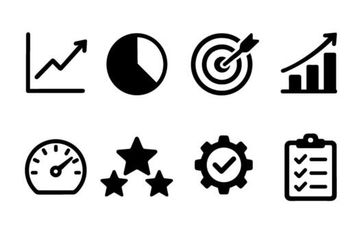actuación métrica y kpi icono colocar. símbolos de negocio analítica y metas vector