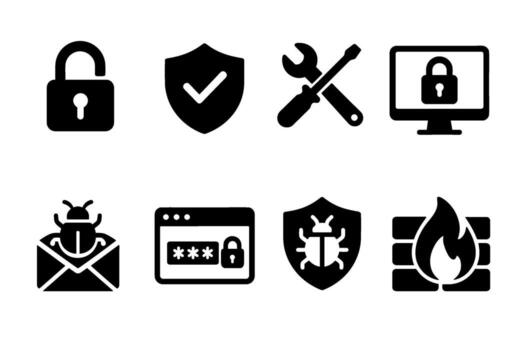 ciber seguridad y antivirus icono colocar. negro símbolos de datos proteccion y cortafuegos vector