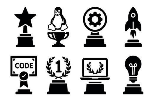 Coding and programming awards icon set. black symbols of developer achievements vector