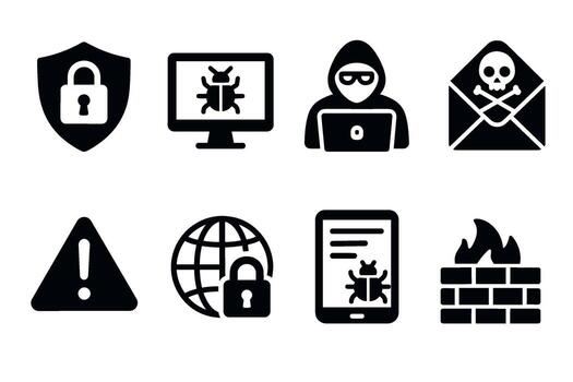 Cyber security and hacking icon set. black symbols of online threats and protection vector