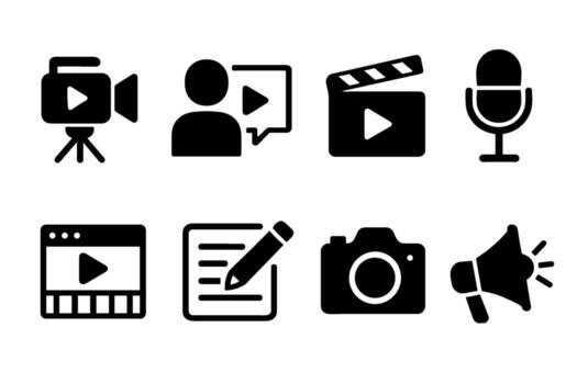 producción y contenido creación icono colocar. negro símbolos de rodaje y blogging vector