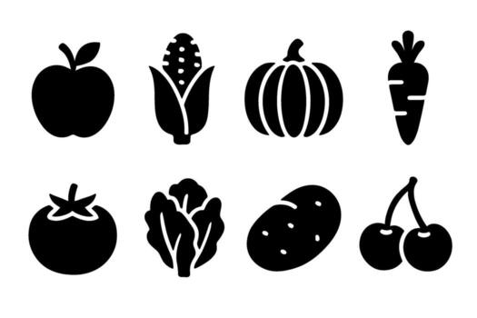 Fruits and vegetables icon set. black symbols of healthy and organic produce vector