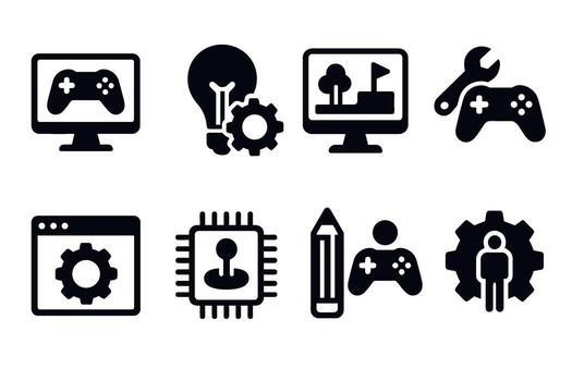 juego desarrollo icono colocar. negro juego de azar símbolos de consola, palanca de mando, chip, diseño, creatividad, ajustes, y desarrollador glifo ilustraciones vector