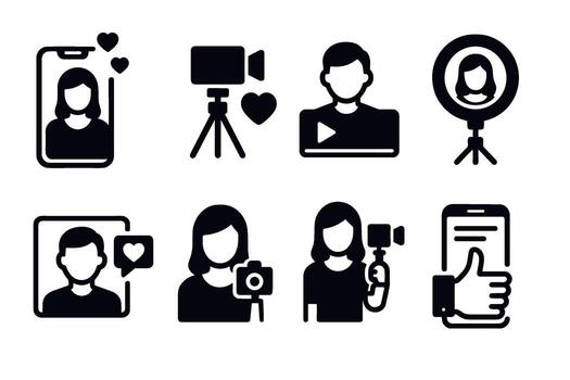 Vlogger and influencer icon set. black symbols of blogging and content creation vector
