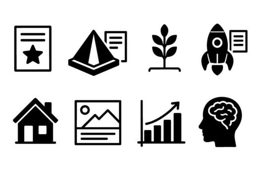 puesta en marcha y negocio crecimiento icono colocar. negro símbolos de innovación y desarrollo vector