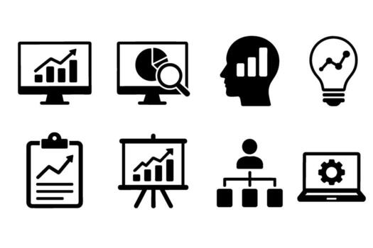 Business analytics and data analysis icon set. black symbols of charts and reports vector