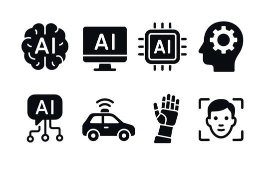 Artificial intelligence AI and future technology icon set. black symbols of robotics and machine learning vector