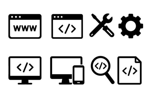 web desarrollo y codificación icono colocar. negro símbolos de sitio web creación vector