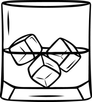 Sketch style whiskey with ice in simple black and white line art. Alcohol icon drawn as a doodle, minimalist illustration for luxury drinks, bar menu and celebration concepts vector