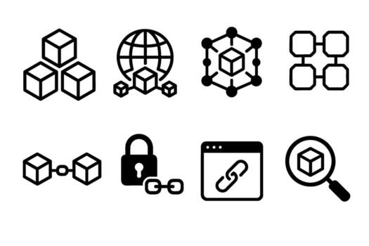 blockchain tecnología icono colocar. símbolos de criptomoneda y descentralizado redes vector