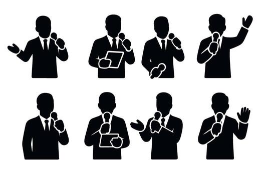 Public speaker and presenter icon set. black symbols of conference and presentation vector