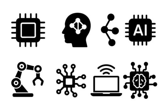artificial inteligencia icono conjunto ii. negro símbolos de máquina aprendiendo, chatbot, y inteligente robótica glifo ilustraciones vector