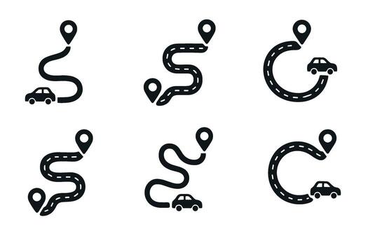 ruta y navegación icono colocar. negro símbolos de coche viaje y mapa vector